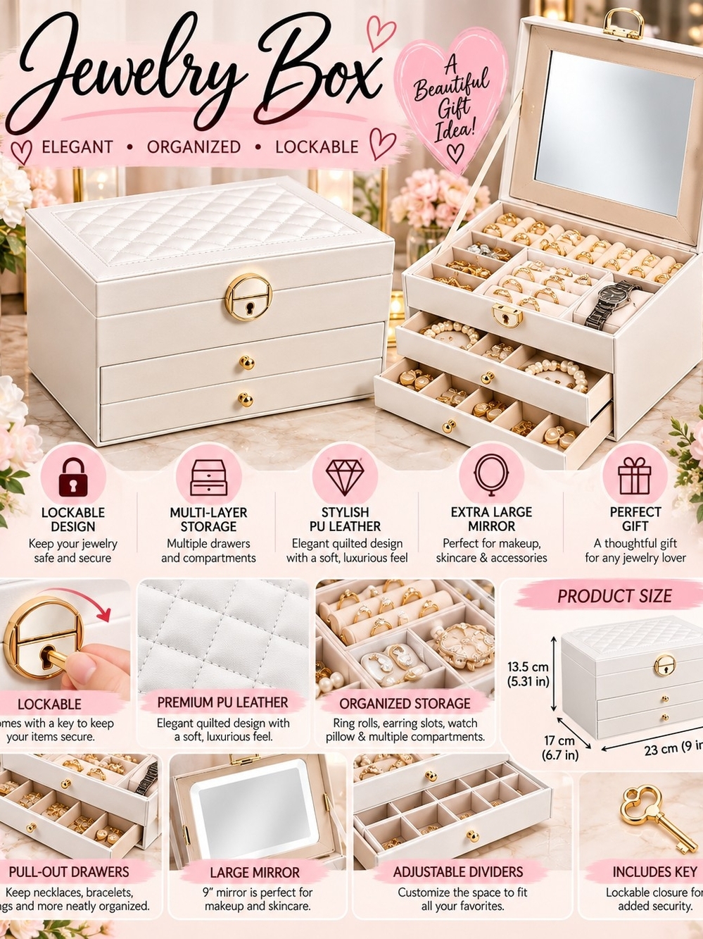 White Lockable Jewelry Box Mirror 2 Drawers PU Leather Organizer